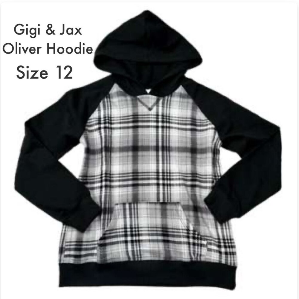 LuLaRoe GiGi & Jax Hoodie black and white plaid with black accents